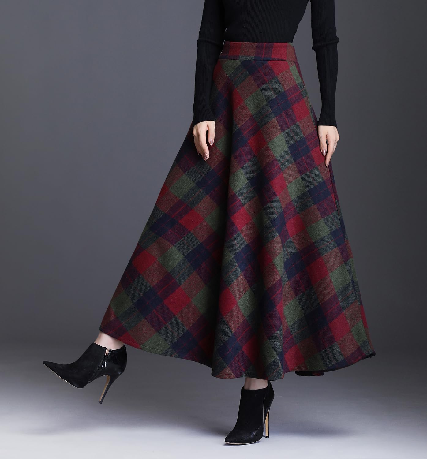 Womens Plaid Wool Long Skirt Vintage High Waist A-line Fall/Winter Midi Skirt - Image 4
