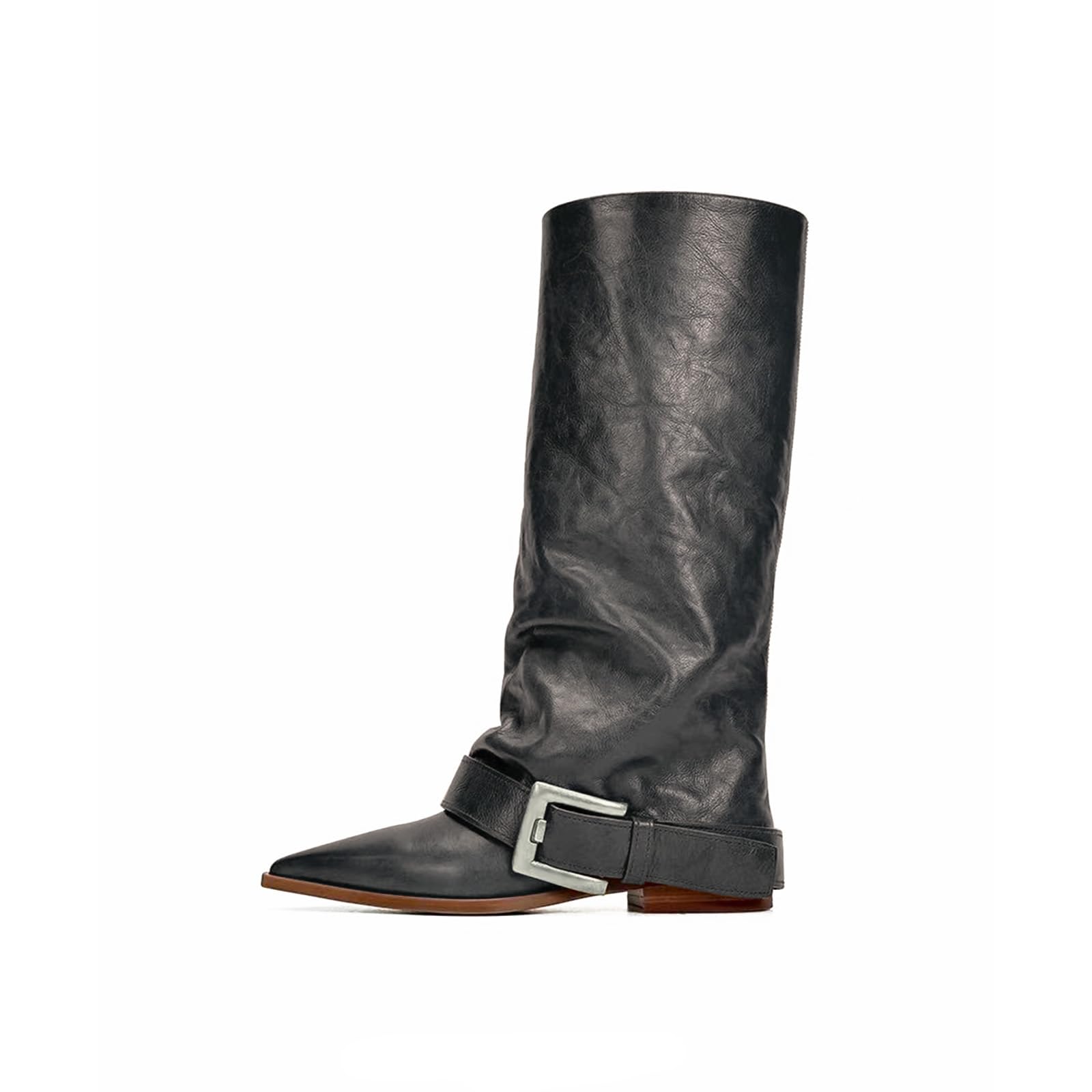 Women Fold Over Slouch Boots Low Heel Buckle Boots Pointed Toe Pull On Knee High Boots Comfortable Long