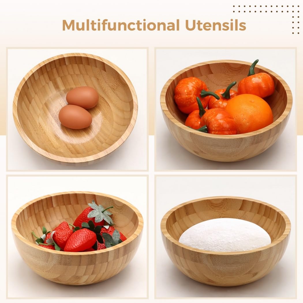 Ensaladera de madera de bambú de 10 pulgadas con 2 cucharas de servir, recipiente grande para mezclar y servir, utensilios de cocina funcionales