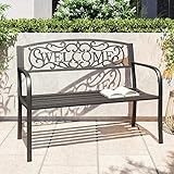 BELLEZE Outdoor Garden Bench, 50 inch Cast Iron Metal Loveseat Chairs with Armrests for Park, Yard, Porch, Lawn, Balcony, Backyard, Antique Patio Seat Furniture Welcome Design, Black