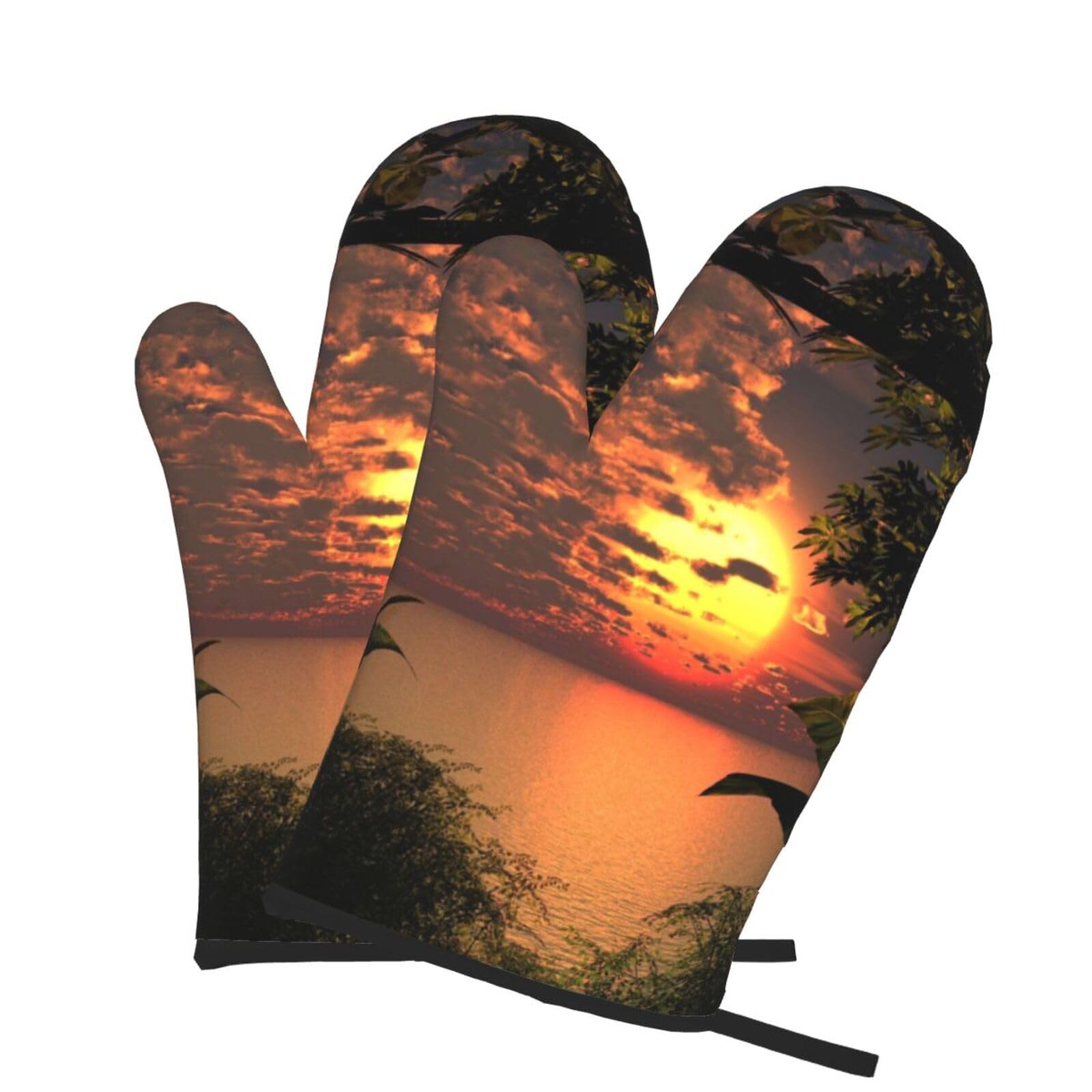 Oven Mitts Set of 2 Pcs, Sunset Painting Prints Heat Resistant Kitchen Gloves for Cooking Baking Grilling