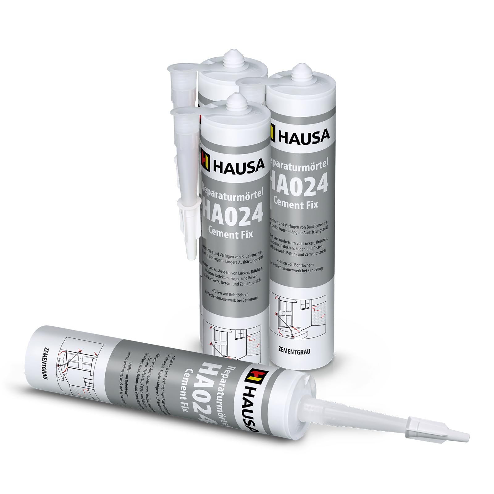 HAUSA Mortiere di Riparazione Cement Fix HA024 Mortiere Pronta all'Uso per Stuccature Riempimento di Crepe e Fissature Cemento Rapido per Interno ed Esterno Grigio Cemento 4x 310 ml