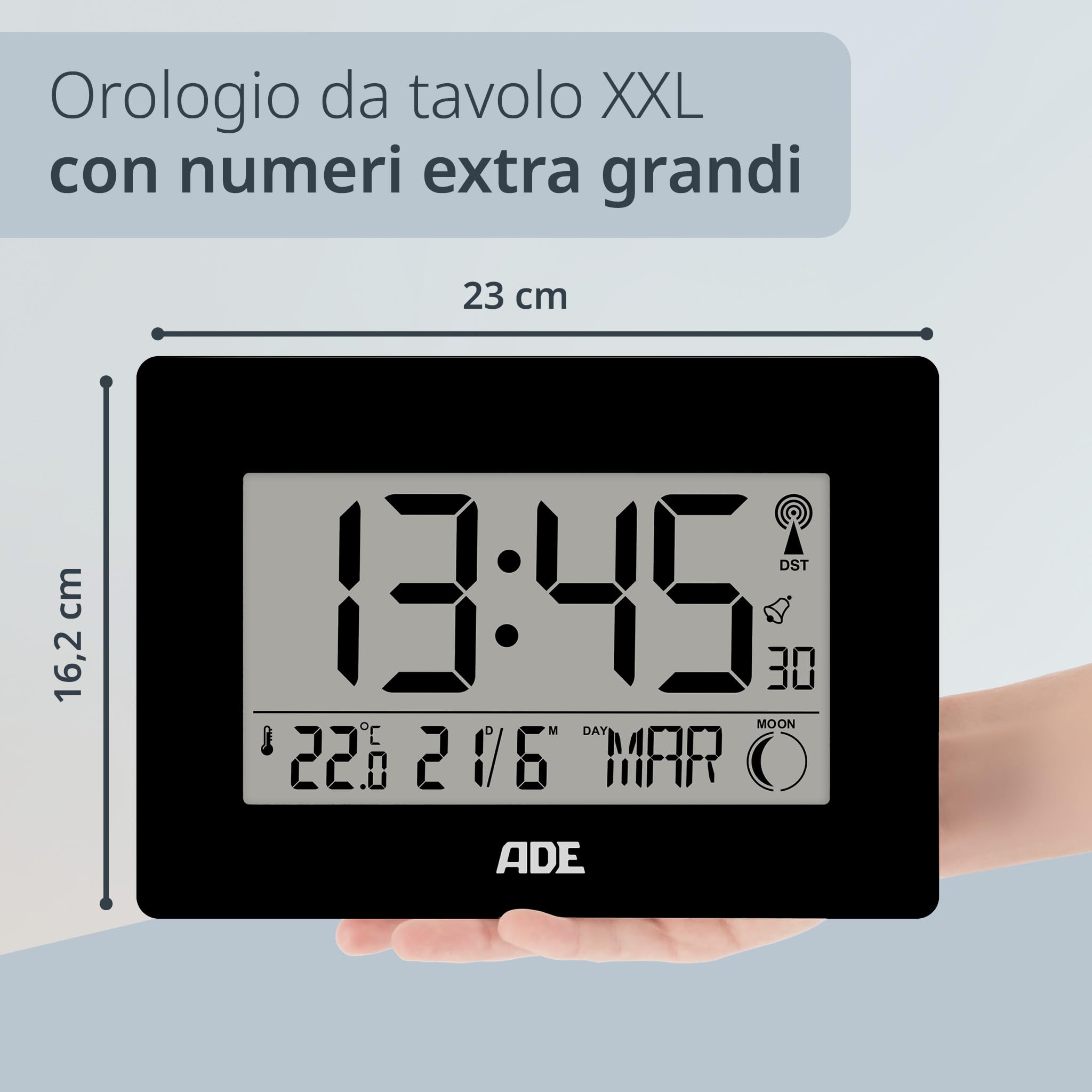 ADE Grande orologio digitale radiocontrollato con cifre XXL | orologio da tavolo e da parete con calendario | con termometro | sveglia radiocontrollata a batteria | nero