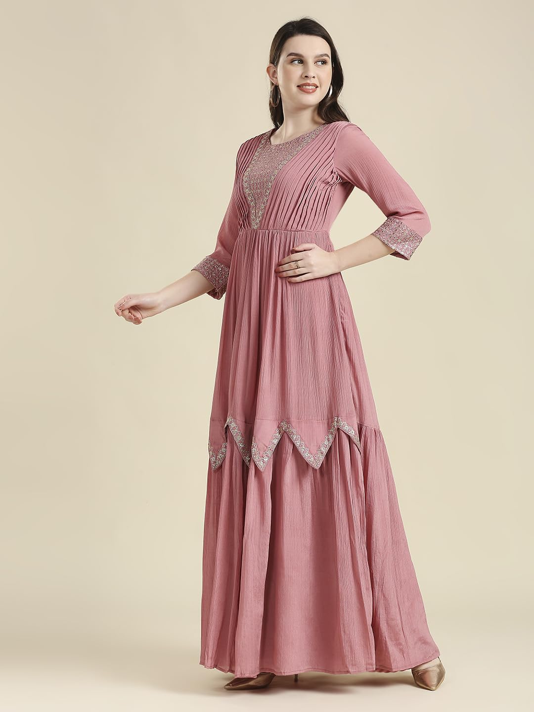 madhuram textiles Women Chinon Chiffon Traditional Ethnic Long Western Dress with Embroidery Work Long Kurta(M-2361) (in, Alpha, XL, Regular, Pink) 1