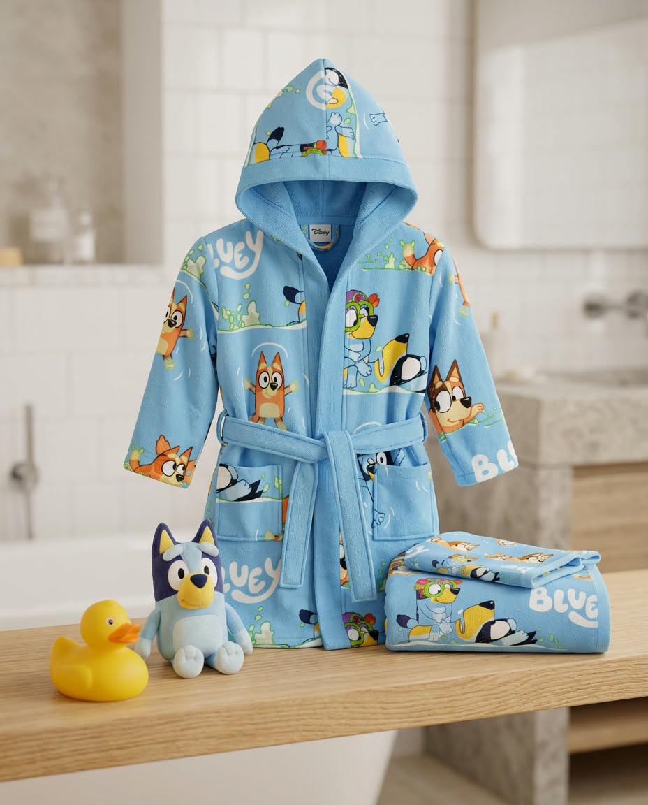 Aymax, Set Peignoir + Serviette + Gant Enfant Bluey | Bluey & Bingo Bleu Ciel All-Over | Licence Officielle