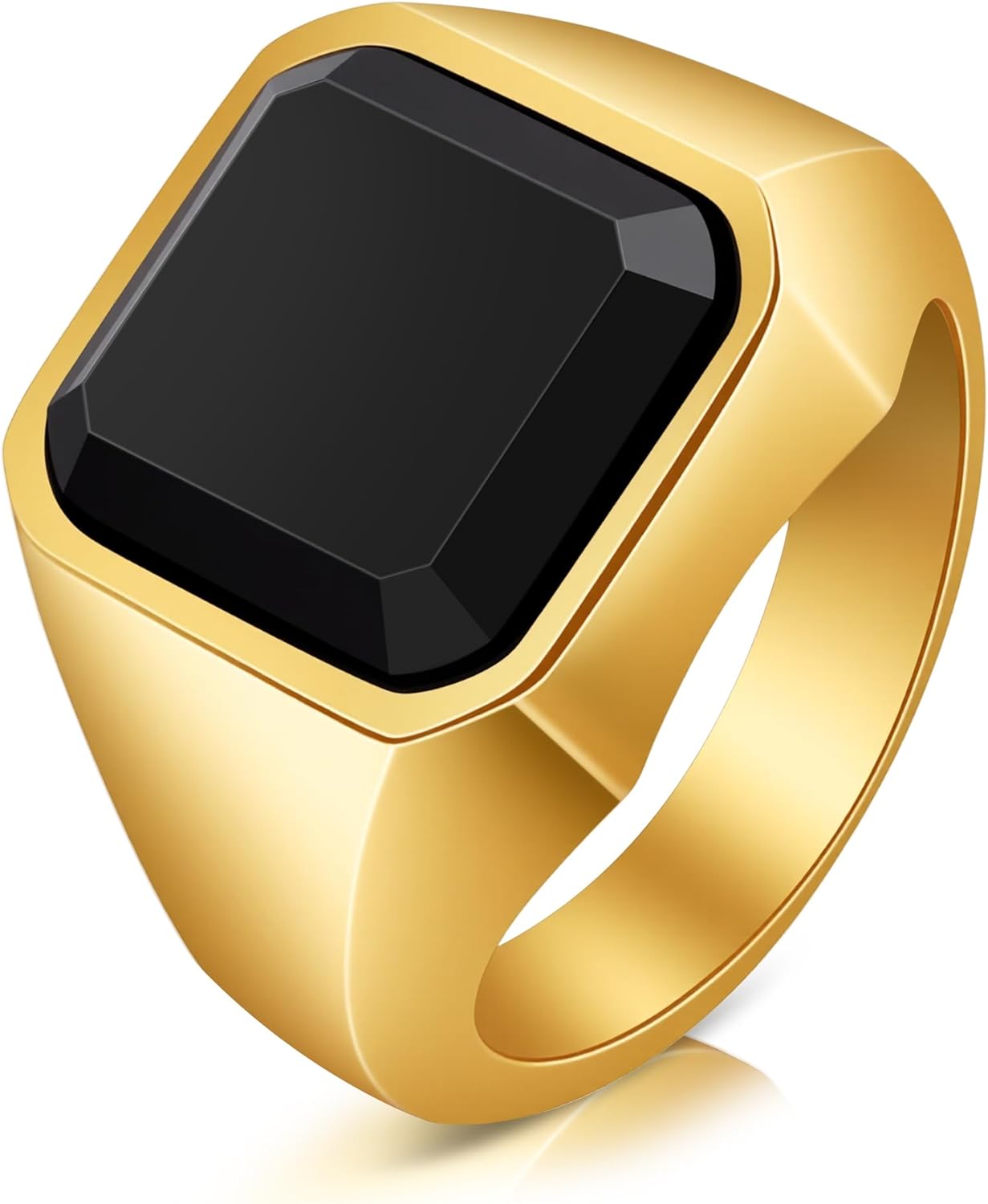 Gold Mens Rings, Black Onyx Signet Ring, Stainless Steel Agate Gemstone Fashion Square, Jewelry Gift for him(9-11)