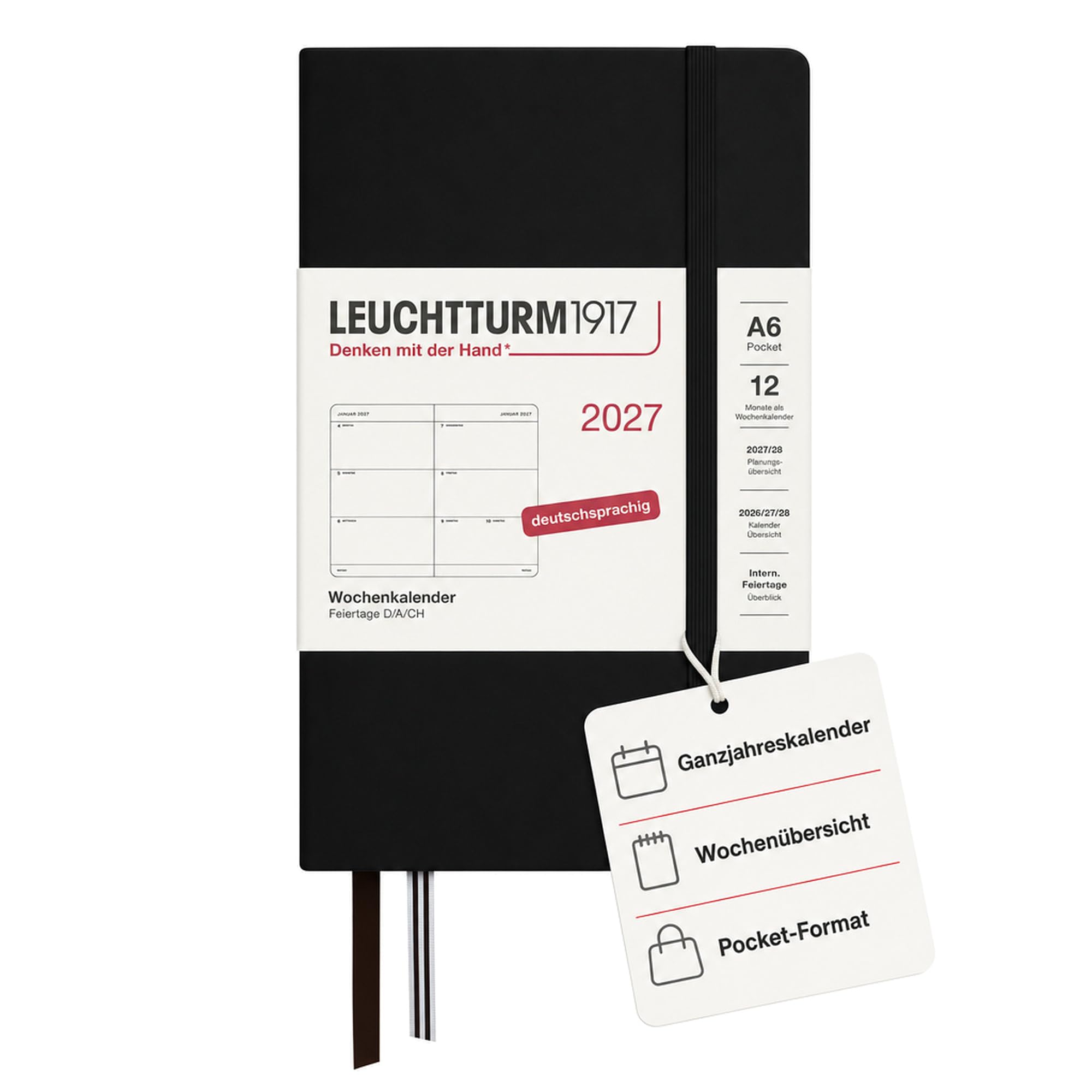 LEUCHTTURM1917 Weekly Planner 2027 Pocket (A6) - German, Black, Hard Cover, 90 x 150 mm, 12 Months - January-December 2027, 1 Week per Double Page, 80 g/m² Paper with High Ink Compatibility — image 1