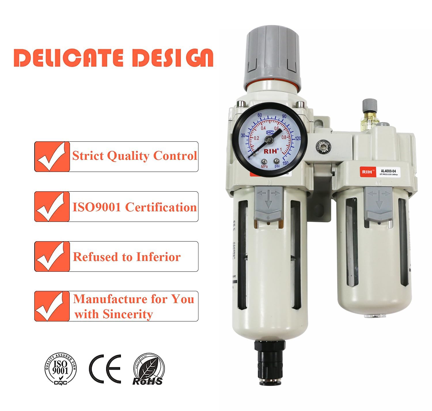 RIH Pneumatics - Regulador de filtro de aire comprimido, lubricador, combo separador de trampas de agua/aceite, calibre (0-150 psi), drenaje semiautomático, cuenco de polietileno, soporte, 3 en 1, dos