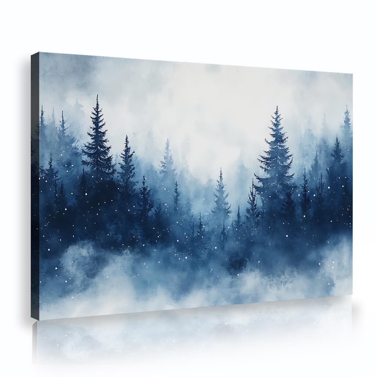 TOANGWALL Blue Foggy Pine Forest Poster Prints Navy Winter Snow Canvas Wall Art Watercolor Misty Woods Landscape Picture Framed Artwork for Bathroom Dining Room Hallway Decor 40x60cm