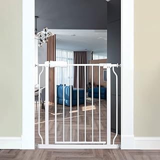 Narrow Baby Gate 29"-34" for Doorways Tension Indoor Safety Gates White Metal Large Pressure Mounted Pet Gate Walk Through Long Safety Dog Gate for The House Doorways Stairs
