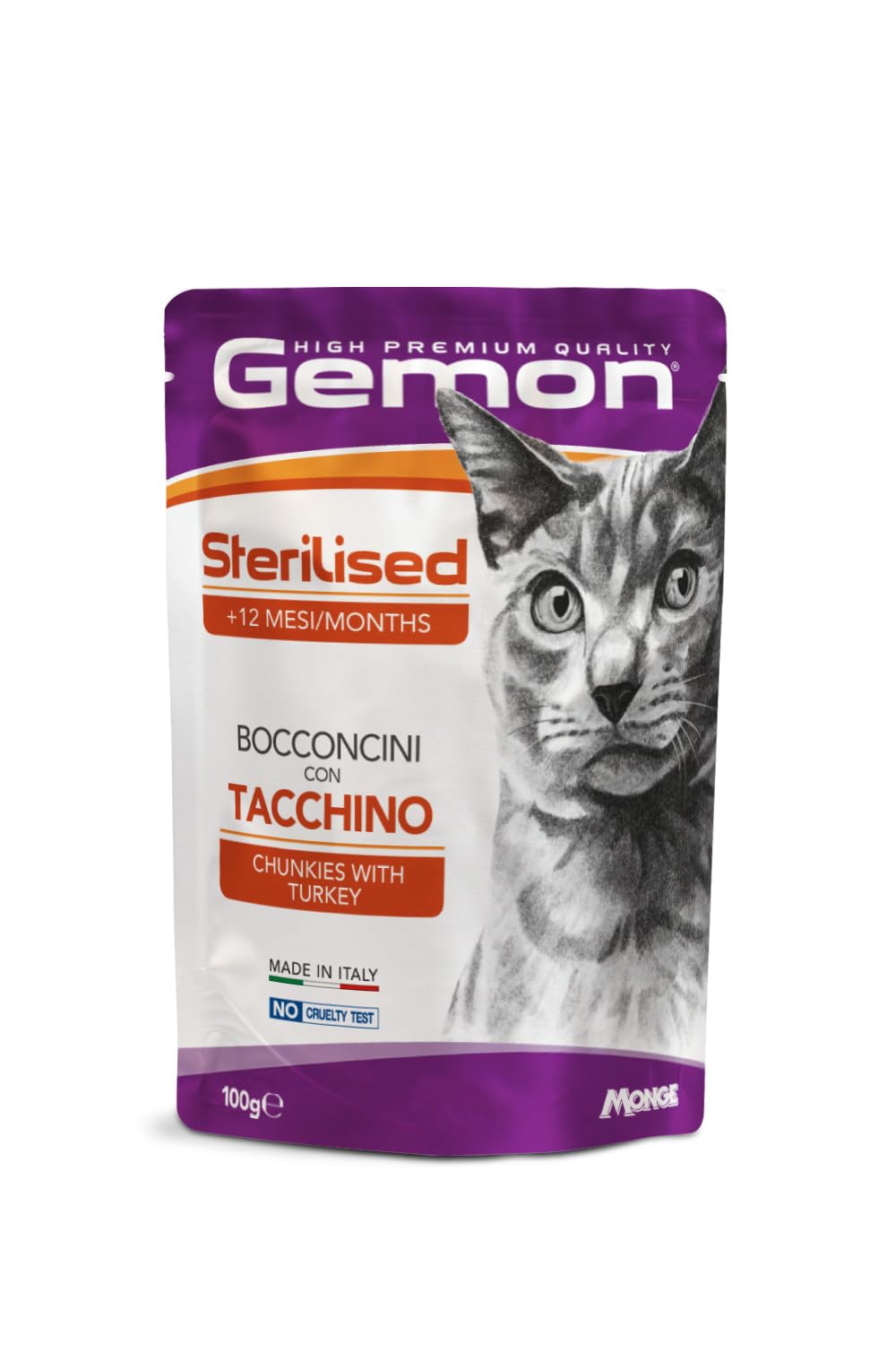 GEMON Gatto Sterilised Bocconcini con Tacchino | alimento umido completo per gatti adulti sterilizzati, senza coloranti e conservanti aggiunti, Made in Italy, 12 bustine da 100 grammi.