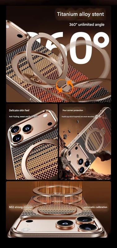 Image of Frameless Aramid Kevlar Textured Phone Case Compatible with iPhone 17 Pro Max Carbon Fiber Textured Magnetic Phone Case with Rotation Ring - Black
