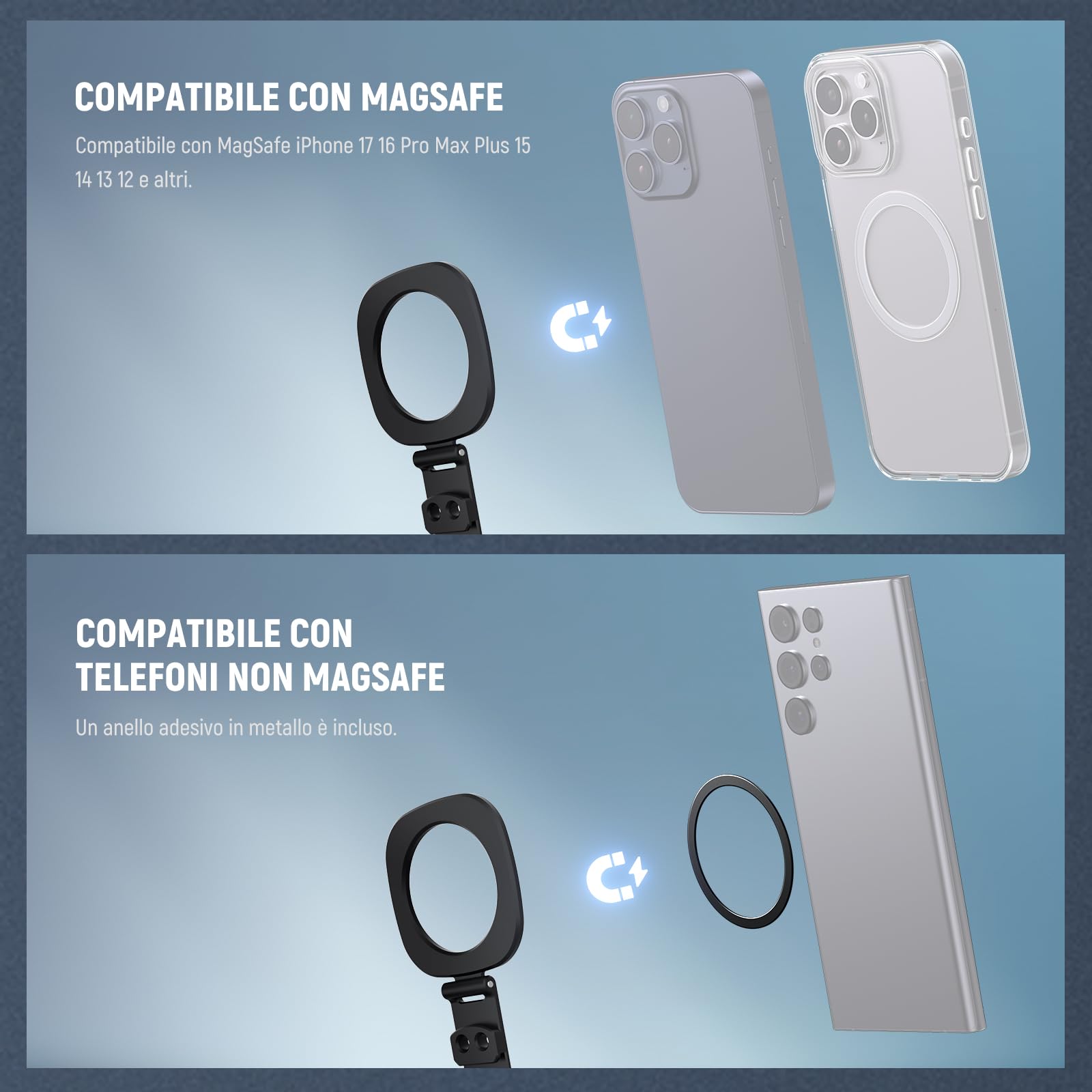 NEEWER Supporto magnetico per cellulare treppiede compatibile con MagSafe iPhone 17, supporto per cellulare con piastra a sgancio rapido Arca e scarpe Cold per registrazioni video TikTok, selfie Live