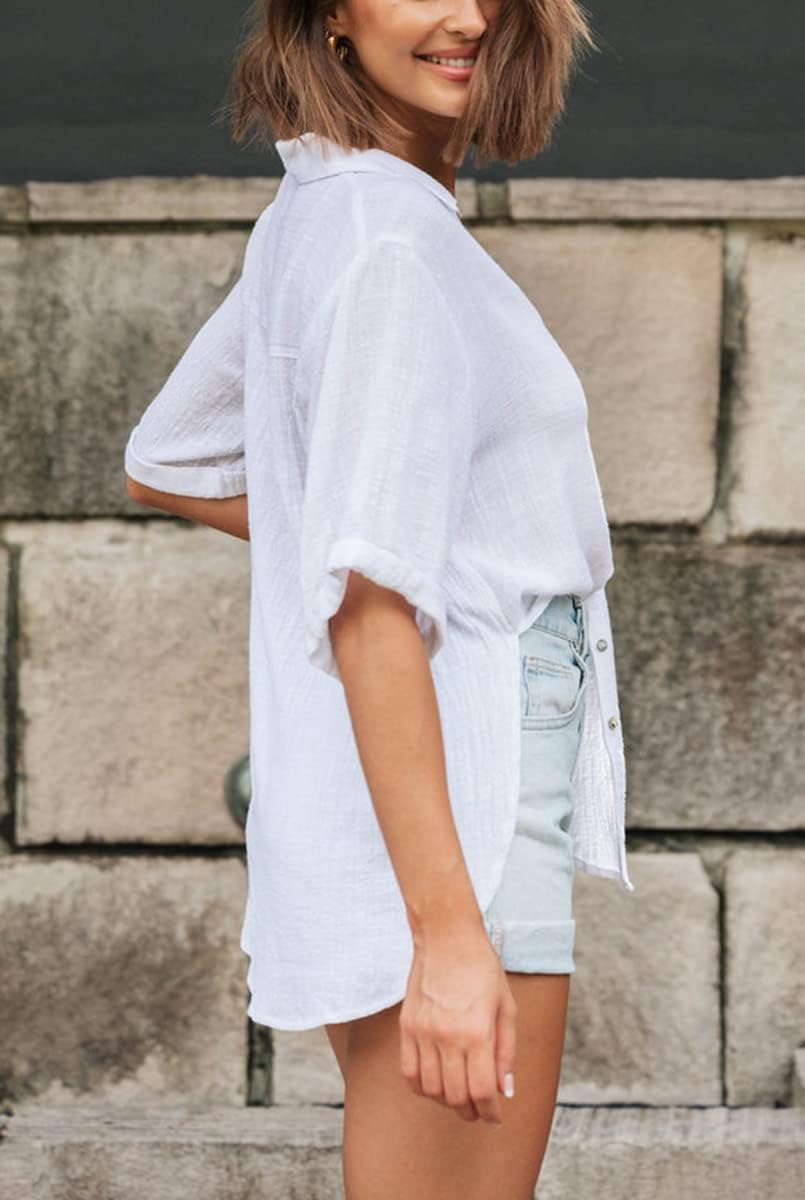 Womens Button Down Linen Shirts V Neck Roll Up Cuffed Sleeve Blouses Loose Collared Shirt Casual Formal Work Office Tops - Image 3