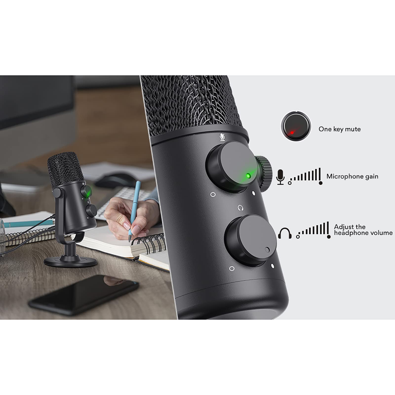 Microfono Di Registrazione, Microfono Per Alesatura Cardioide a Condensatore USB, Corpo Interamente In Metallo, Adatto Per YouTube, Skype, Giochi, Insegnamento Online, Podcast, Studio
