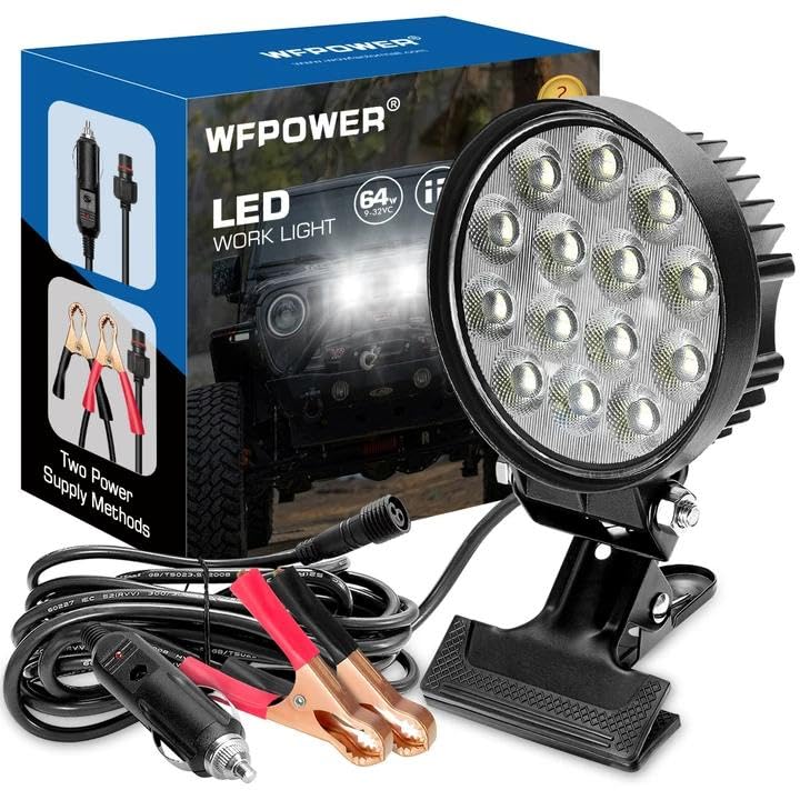 WFPOWER Portable Clip On LED Work Light Bar 12V, Super Bright Dual Power LED Spotlight with Clip, 2 Way Power Battery Clamp or Cigarette Lighter Lights for Boat, RV Camping and Emergency