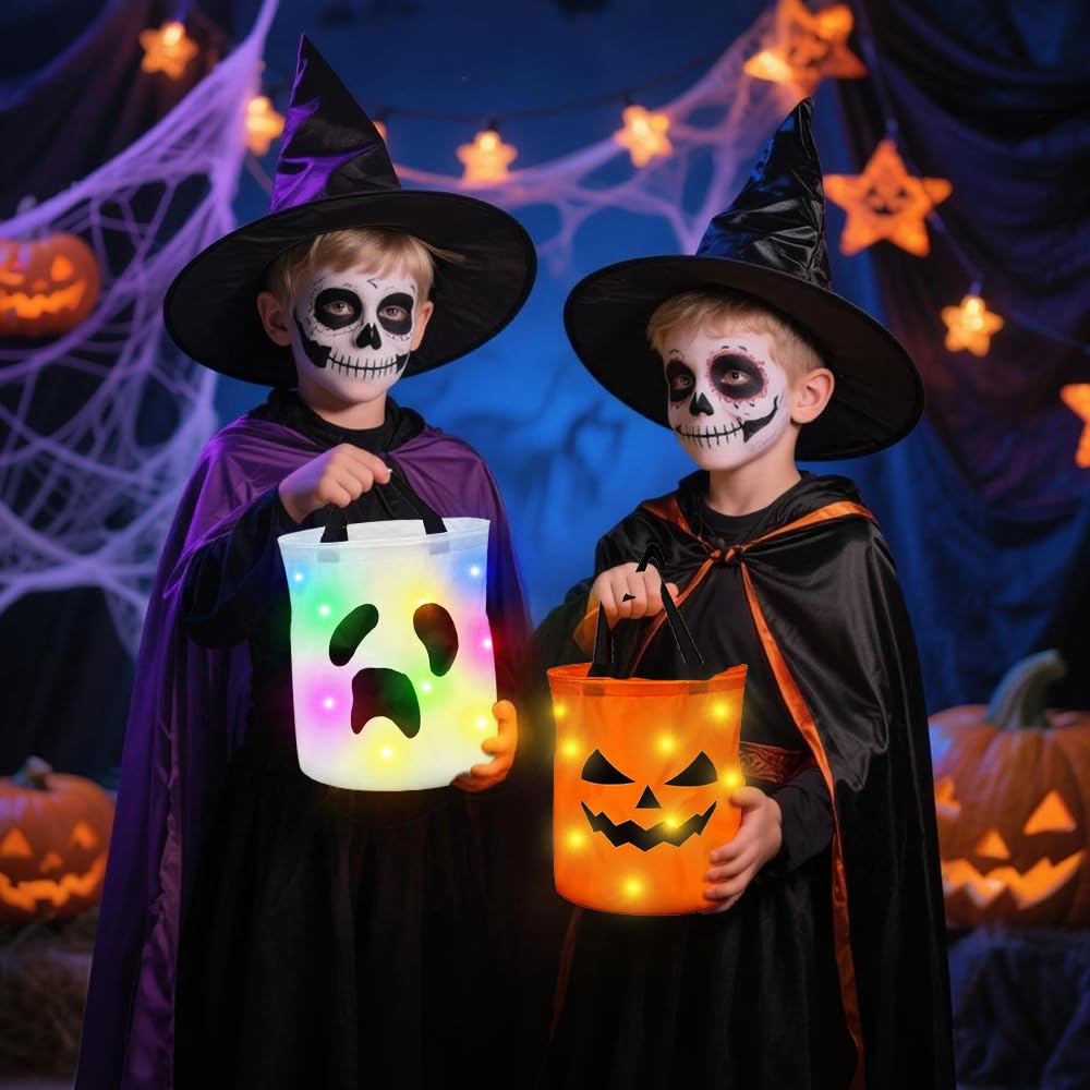 Homgaty LED Halloween-Eimer – 2 Stück, Leuchtende Süßigkeiten-Taschen Mit 3 Licht-Effekten