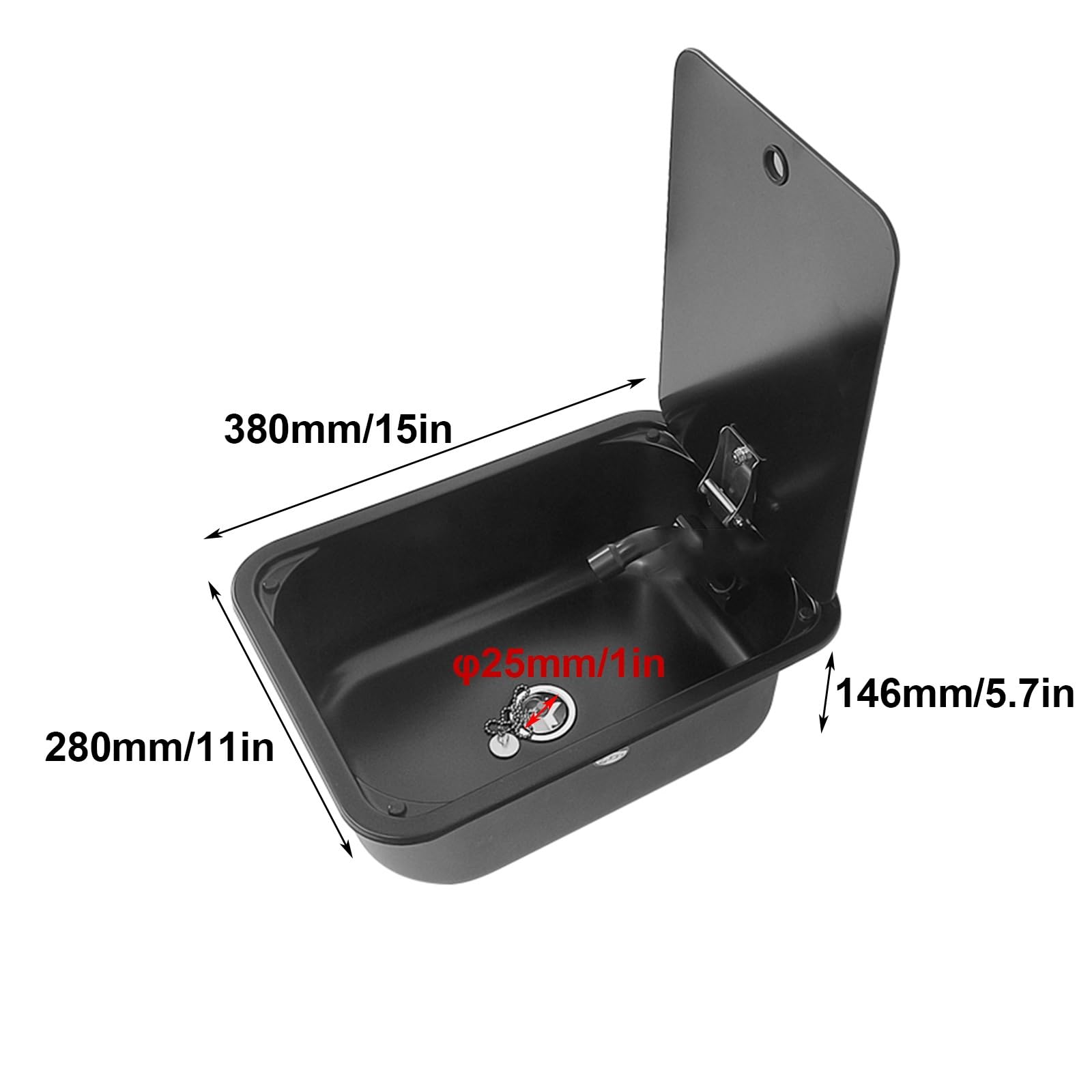 Camping Waschbecken mit Glasdeckel, RV Wohnmobil Spülbecken, Edelstahl 304, mit Ablaufgarnitur, Klapphahn Inklusive, für Wohnmobilanhänger, Yachten, 380 X 280 X 146 Mm, Schwarz