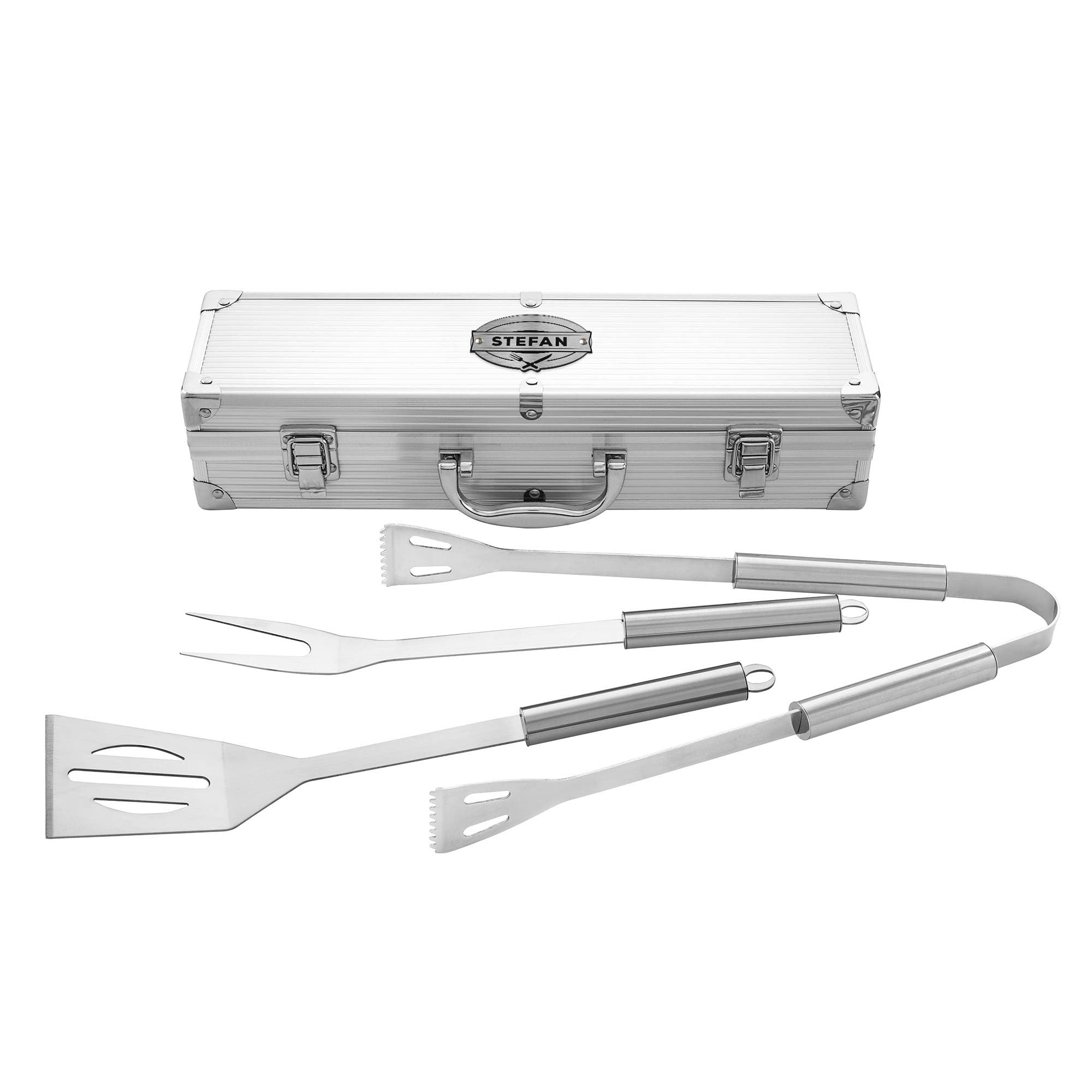 Casa Vivente Coffret d'Ustensiles pour Grillades, Fourchette, Pince, Spatule, Gravure Personnalisée, 37x10x8,5 cm