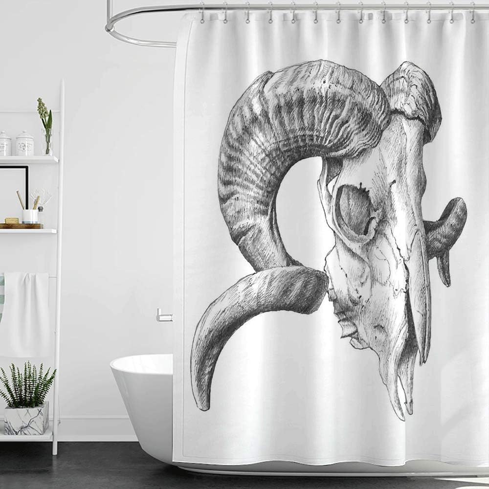Amazon｜シャワーカーテンクリアライナースカル、暗い色で怖い山ヤギ動物の頭蓋骨イラストデ??ッドホーンズワイルドネイチャー、グレーホワイト