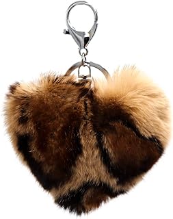 surell Plush Rex Rabbit Fur Heart Pom-Pom Keychain - Cute Bag Purse Charm - Ring Fluffy Fur Ball - Fashion Gift (Leopard)