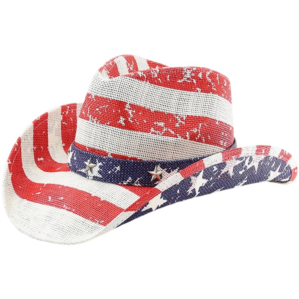 Sslvya American Flag Cowboy Hat for Men Women, Usa Flag Vintage Patriotic Cowgirl Hat for 4th of July Western Party Costume