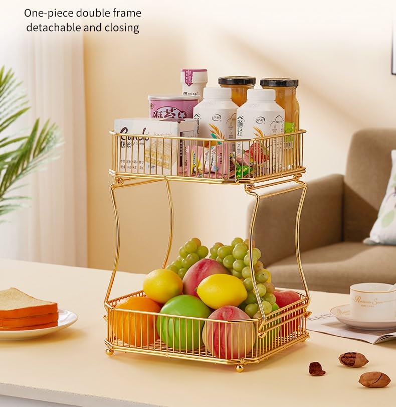 Freaswind 2 Tier Gold Countertop Fruit Basket Bowl for Kitchen Metal Wire Storage Rack Fruits Stand Holder Organizer for Bread Snack Veggies (A)