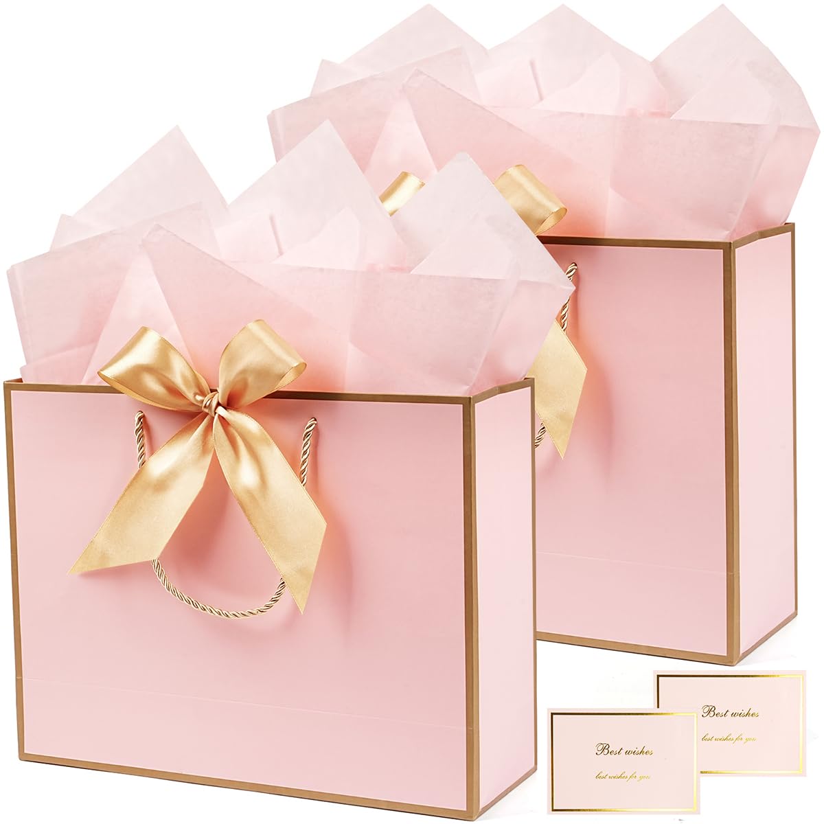 Medium Gift Bags for Present - 2Pcs Pink Gold Paper Gift Bags with Tissue Paper Handles Ribbons Cards, Pink Party Present Bags for Birthday Wedding Baby Shower Valentines All Occasions, 25x20x12cm