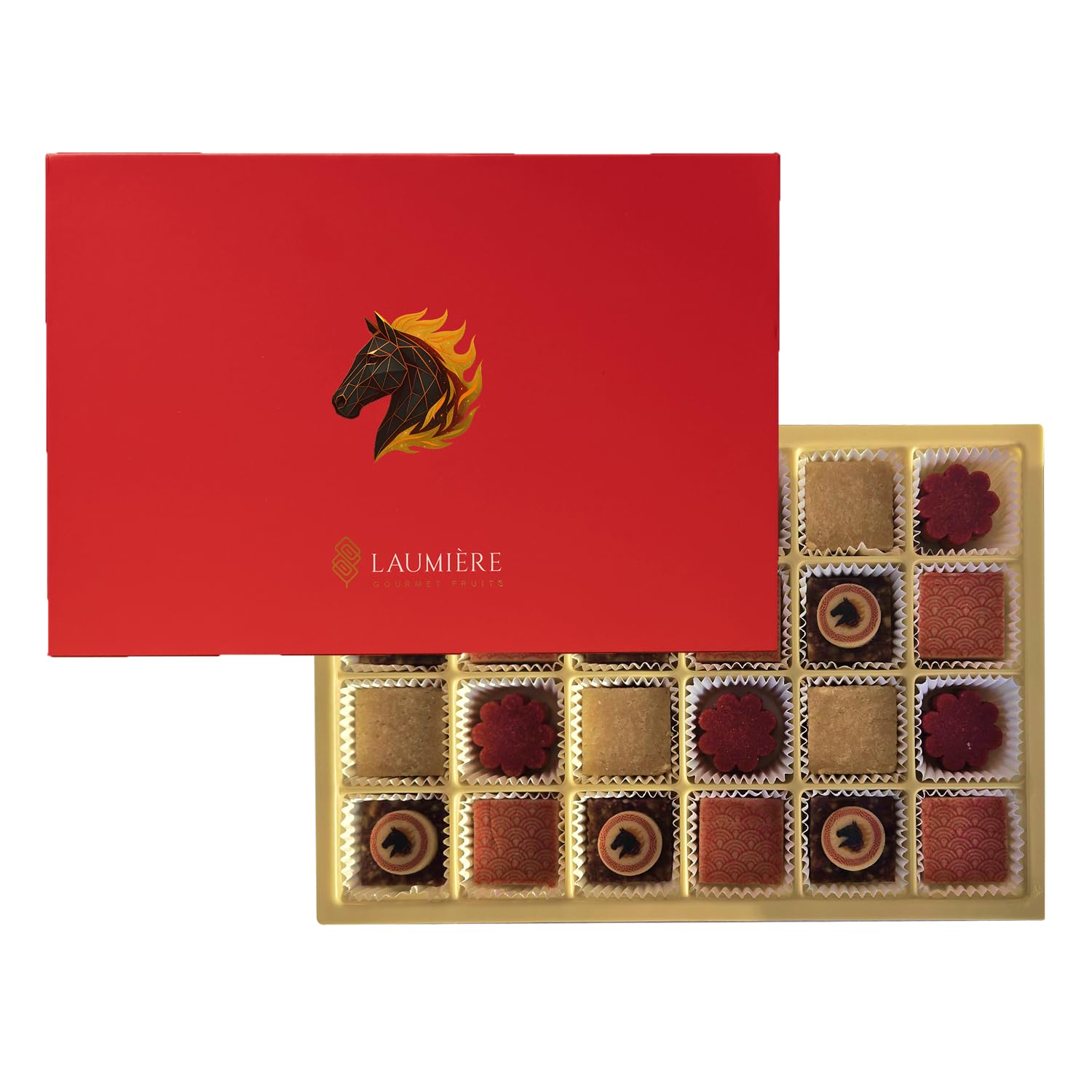 Laumière Gourmet Fruits – Lunar New Year Collection - Rectangle (24 Pcs) – Gong Xi Fa Cai - Chinese New Year Good Luck Candy – Premium Dry Fruits and Nuts Gift Box - No Added Cane Sugar - Gluten Free