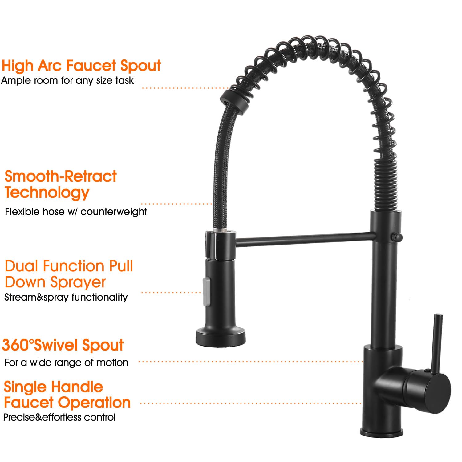 Robinet Cuisine Noir Douchette Rabattable - Mitigeur Cuisine Pivotant à 360° - Robinet d' Évier de Cuisine à Arc Élevé Pulvérisateur Escamotable 2 Modes de Pulvérisation