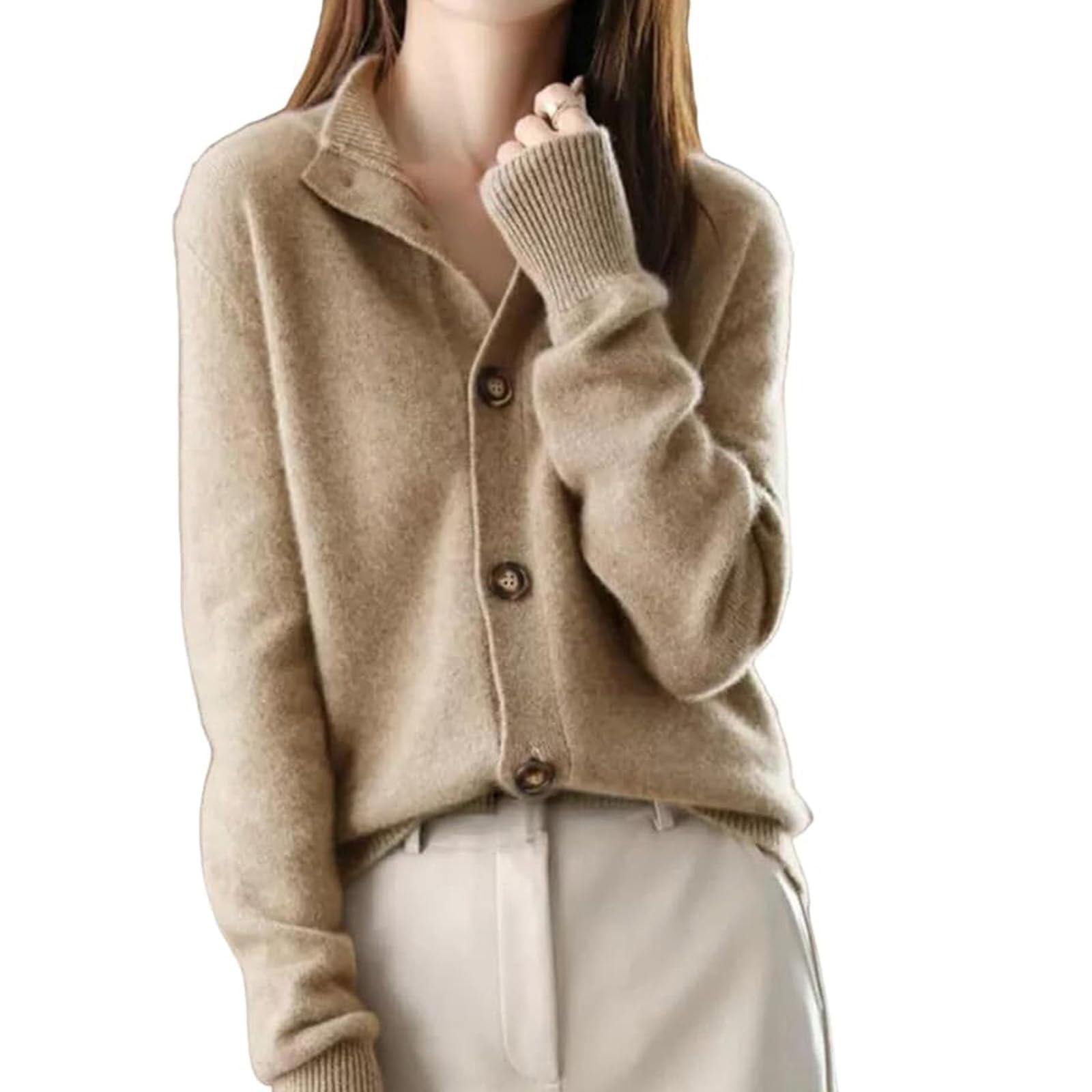 Cashmere Knitted Cardigan Vintage Button Front Long Sleeve Cardigan Women Harajuku Soft Stand Collar Open Front Sweater