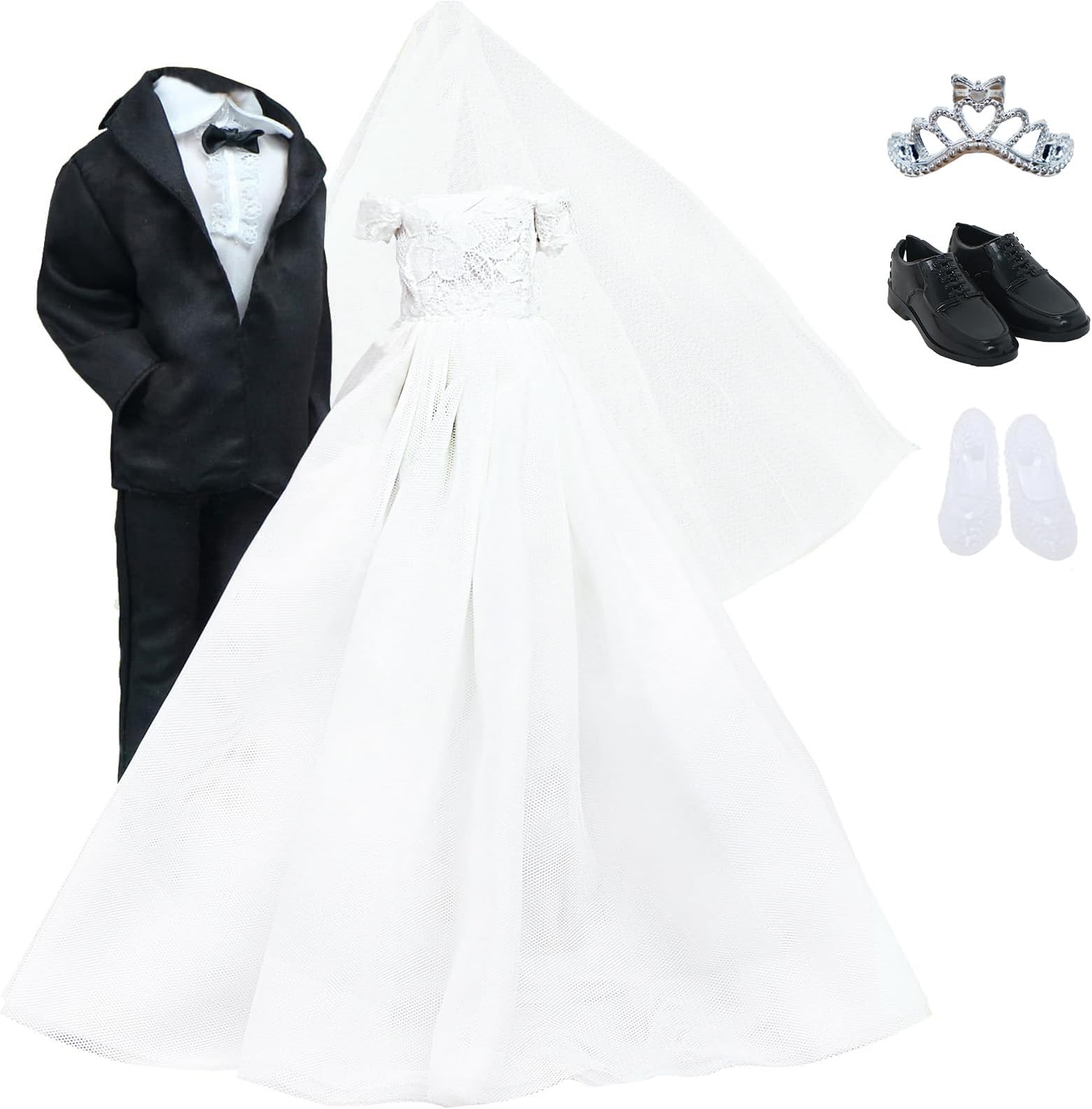 BJDBUS Wedding Set White Dress Bridal Veil and Groom Formal Suit Outfit for Boys Girl 11.5 in. Doll Clothes
