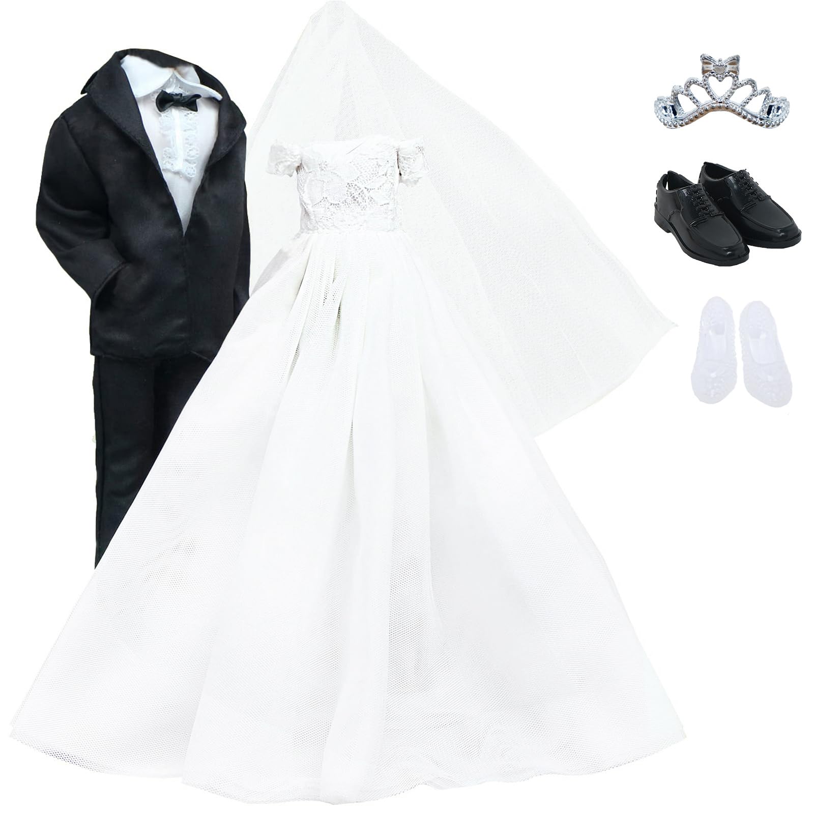 BJDBUS Wedding Set White Dress Bridal Veil and Groom Formal Suit Outfit for Boys Girl 11.5 in. Doll Clothes