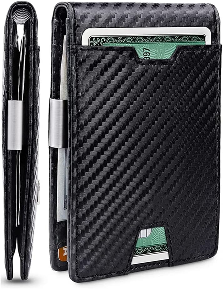 Men’s Slim PU Leather Wallet with Money Clip, Carbon Fiber Bifold Minimalist Credit Card Holder
