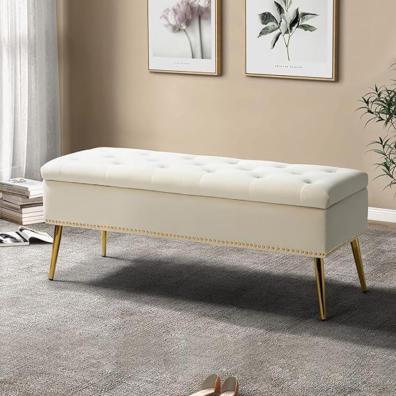 Image of Modern Off White Velvet 2 Seater Storage Bench Ottoman for Bedroom & Living Room | Upholstered Tufted End of Bed Bench with Hidden Storage | Gold Metal Legs