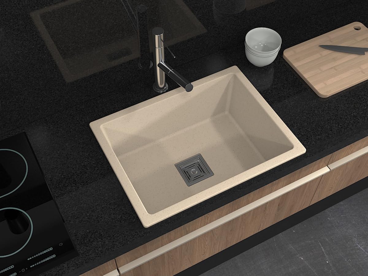 HARDSTONE Quartz Kitchen sink Single Bowl (24 x 18 x 8.5 inches) Kitchen Sink | Quartz Single Bowl Kitchen Sink | Granite Finish | Kitchen Sink/Sink Coupling/Waste pipe/Vagetable Basket (COOL IVORY)