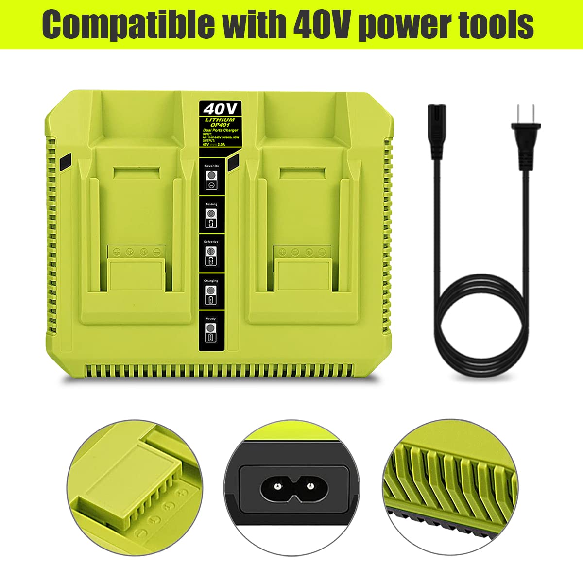 Cargador de batería de 40 V para herramientas inalámbricas Ryobi de 40 voltios, cargador de batería dual Atcuji de 40 V OP401