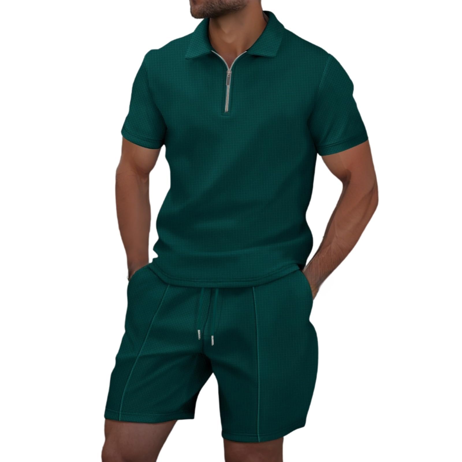 Conjunto de 2 piezas para hombre: polo tipo waffle con cremallera de 1/4 y pantalones cortos a juego; estilo casual de verano, ideal para vacaciones o descanso