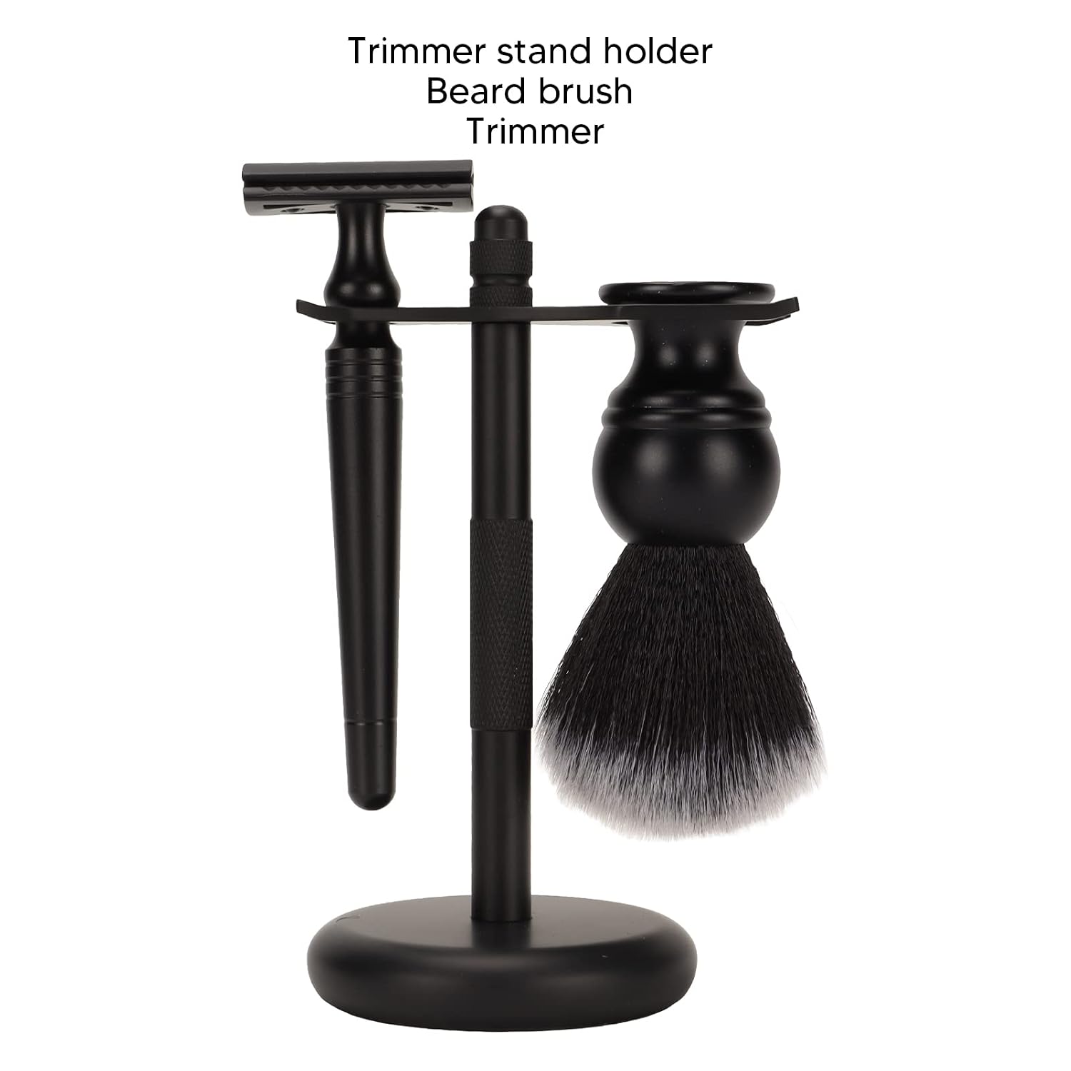 3pcs Trimming Brush Set, Black Beard Care Kit with Metal Stand Holder, Safety Trimmer Brush Set for Men, Includes Beard Brush and Trimmer for Grooming