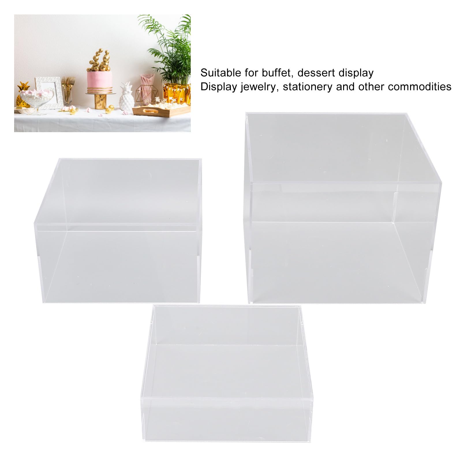 Paquete de 3 soportes elevadores de acrílico |Exhibición de pastel en niveles para buffet (Transparent)