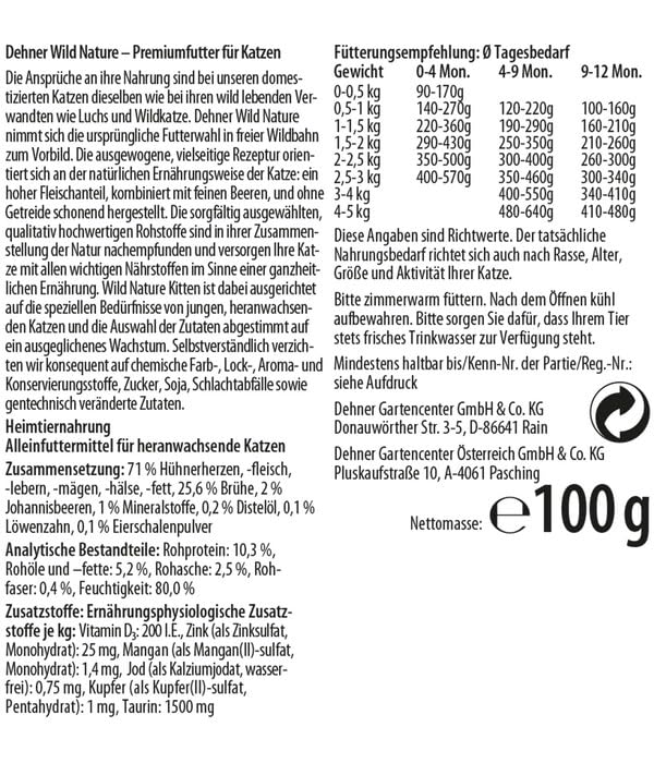 Dehner Wild Nature Katzenfutter Kitten Hügelland, Nassfutter getreidefrei / zuckerfrei, für junge Katzen, Huhn, 16 x 100 g Schale (1.6 kg)
