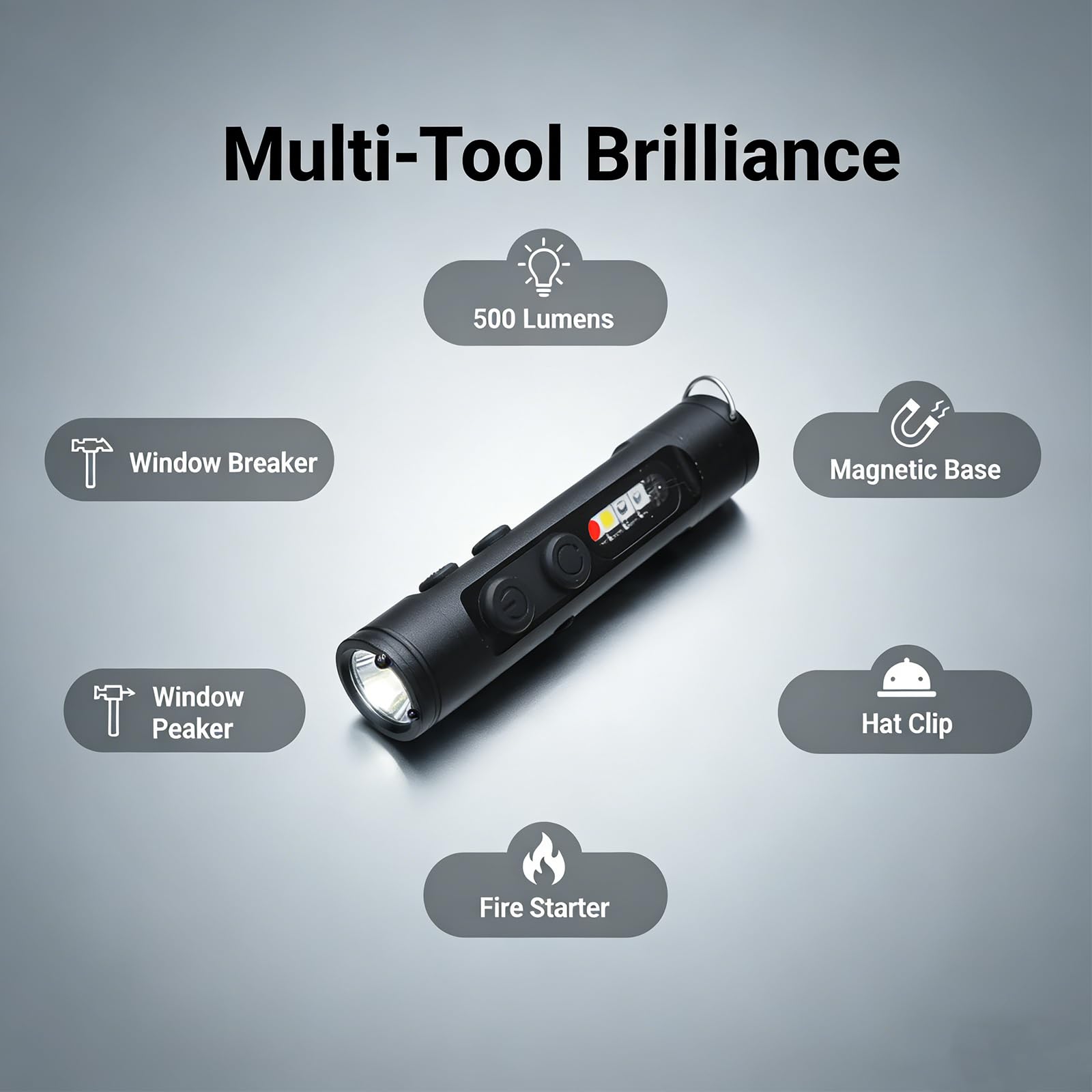Wiederaufladbare EDC-Taschenlampe, 500 Lumen, Mini-Schlüsselanhänger, Taschenlampe mit Feuerstarter und Fensterbrecher, magnetischer Basis, Hutclip für Camping, Reisen, Notfall (schwarz)