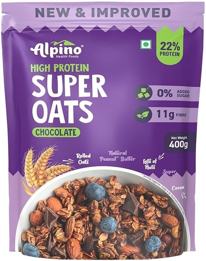 ALPINO High Protein Super Rolled Oats Chocolate - Rolled Oats, Natural Peanut Butter & Cocoa Powder –, No Added Sugar & Salt, Gluten Free – Peanut Butter & Cocoa Coated Oats (400 G)