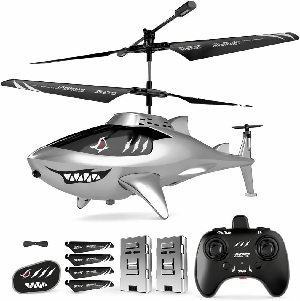DEERC Remote Control Helicopter for Kids and Adults, RC Shark Helicopter with Altitude Hold, One Key Takeoff/Landing, LED Lights, 2 Batteries, 24 Min Flight Time, Indoor Flying Toy Gift