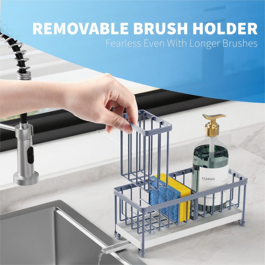 Cisily  Sponge Holder for Kitchen Sink, Sink Caddy Organizer with High Brush Holder, Kitchen Countertop Organizers and Storage Essentials, Rustproof 304 Stainless Steel, Soap Dispenser Organize: Slate Blue
