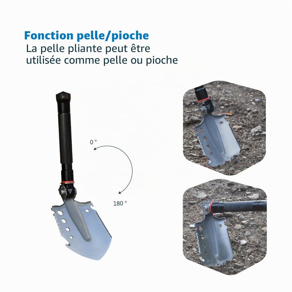 Dönges Pelle pliante multifonctionnelle avec 3 longueurs | Pelle combinée en acier inoxydable | Pelle pliante noire pour survie, randonnée, camping | Équipement de survie avec sac de transport