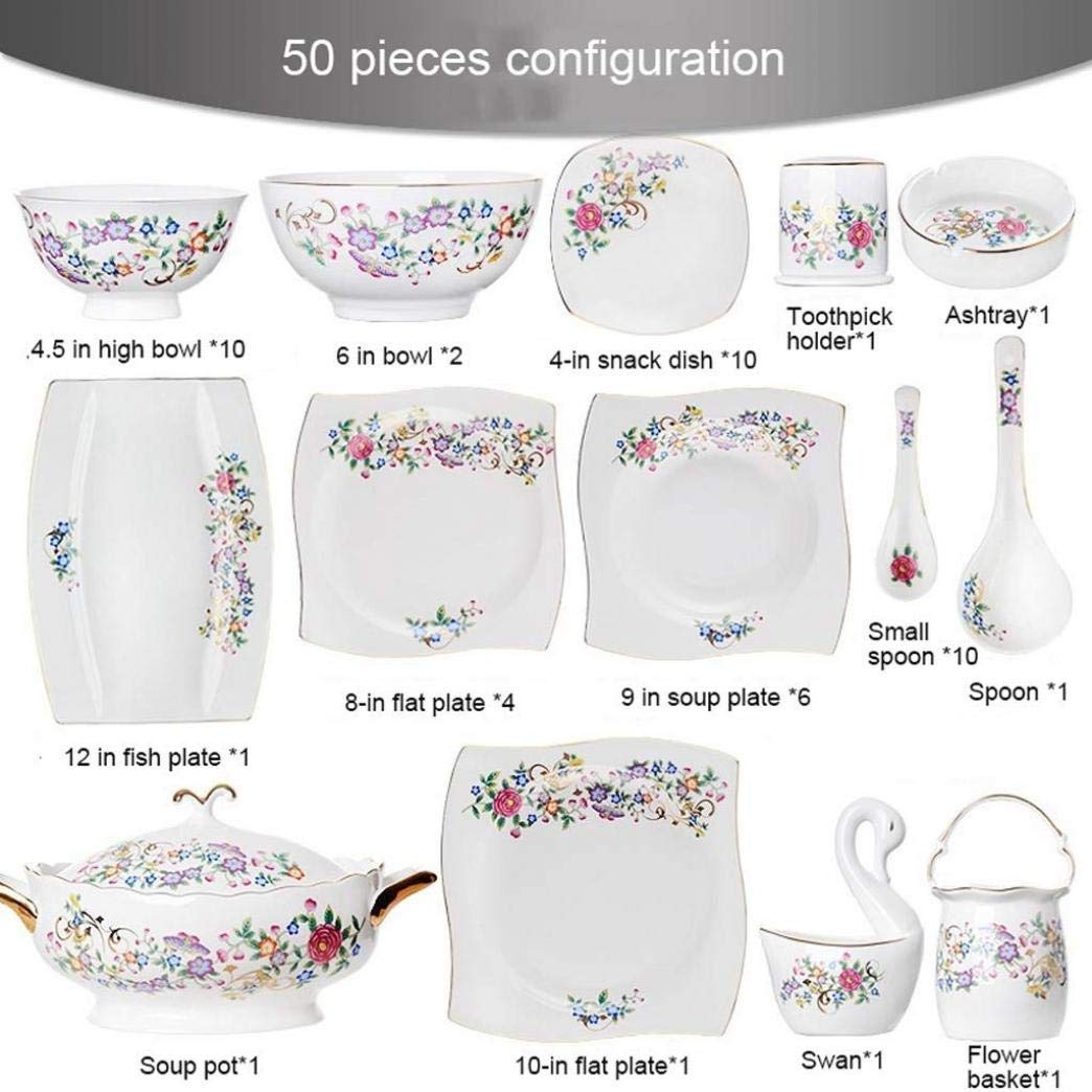 Partygeschirr-Set, widerstandsfähiges Tafelservice, 50-teiliges Keramik-Geschirr-Set, buntes Blumenmuster, Teller, Schüsseln, Kombination aus Knochenporzellan