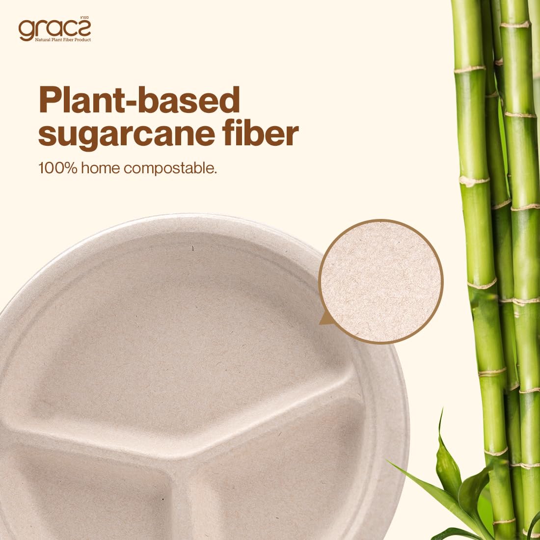 Gracz - Paquete de 50 unidades, respetuoso con el medio ambiente; plato dividido de 10 pulgadas, 3 compartimentos, bagazo, compostable, biodegradable, resistente, compostable Ok, Halal, compostable