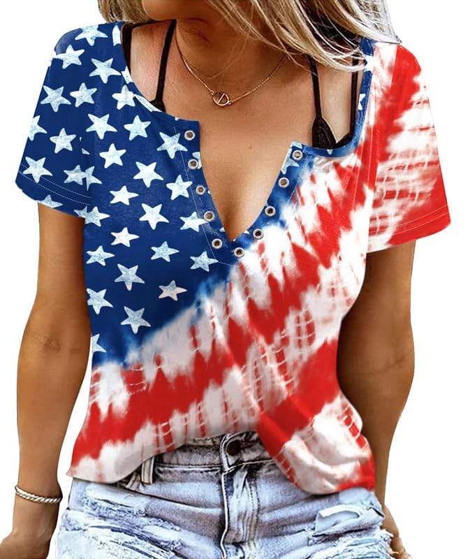 TMSD Women's 4th of July Patriotic Shirt USA Flag Short Sleeve V-Neck Independence Day T-Shirt