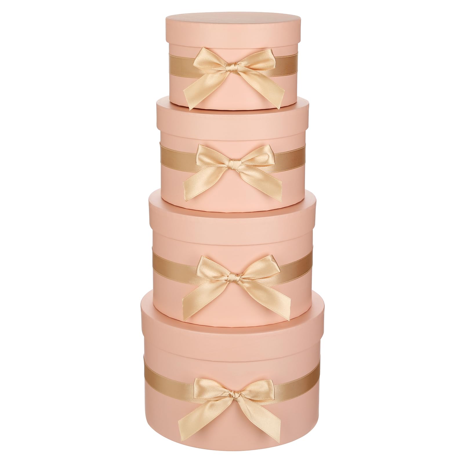 Arborus Pink Gift Boxes with Lids and Champagne Silk Ribbon Set of 4 Round Gift Boxes for Presents Luxury Hat Box with Bow Paper Flower Box for Wedding Birthday Valentines Bridesmaid Christmas Party